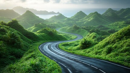 Naklejka premium Winding Road Through Lush Green Tropical Hills