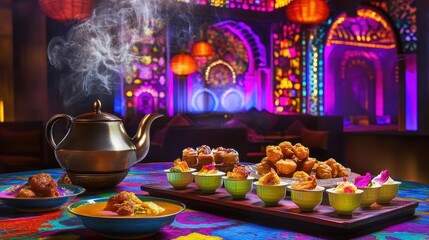 A chai tea setup featuring a steaming kettle, small ceramic cups, and a platter of Indian snacks, placed on a colorful tablecloth. The background showcases vibrant Indian decor. 