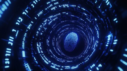 Obraz premium Abstract blue digital tunnel with fingerprint at center.