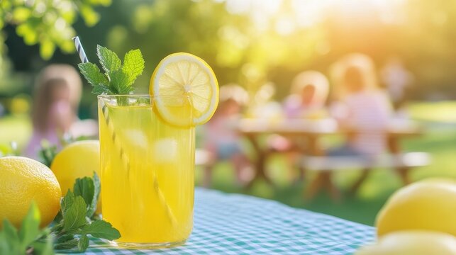 A chilled glass of lemonade on a picnic table, garnished with a lemon slice and a sprig of fresh mint. The backdrop features a sunny park with children playing and a gingham tablecloth. 