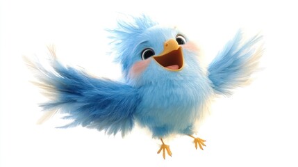 Fototapeta premium Happy blue bird with wings spread wide, flying against a white background.