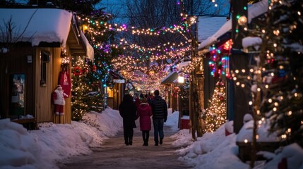 Family strolling through a snow-covered, Christmas-lit village street at night.