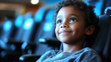 Happy Audience. Smiling African American boy with curly hair in theate