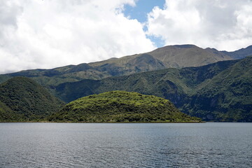 Small islands in the middle of Lake Cuicocha, outside of Otavalo, Ecuador