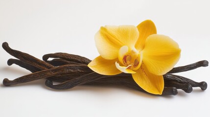 Flor de orquídea amarilla sobre vaina de vainilla
