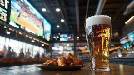 A frosty pint of beer with condensation dripping down the glass, served on a wooden table next to a plate of crispy buffalo wings. The backdrop is a lively sports bar filled with cheering fans 