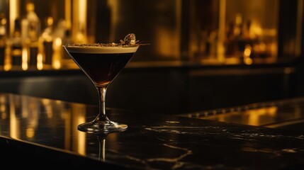 A luxurious espresso martini served with gold flakes as garnish, placed on a black marble counter with a backdrop of ambient golden lighting. 