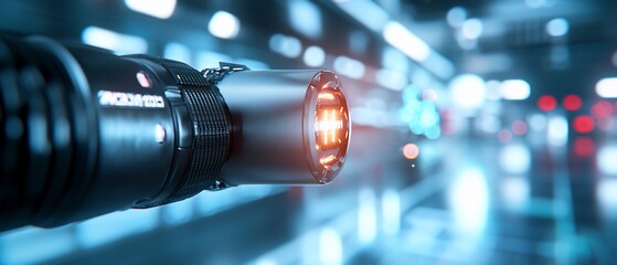 Close-up of a futuristic camera lens with glowing elements.