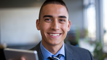 A happy Hispanic male in a business suit smiles confidently while holding a tablet, embodying professionalism and modern tech in a bright office setting.