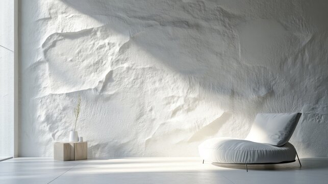 Habitaci&oacute;n minimalista con silla moderna y pared blanca texturizada
