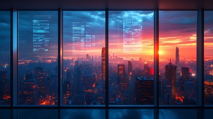 Stunning sunset cityscape view from modern office with futuristic digital overlays on large windows.