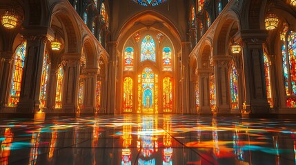 Fototapeta premium Majestic cathedral interior with vibrant stained-glass windows and reflective floor.