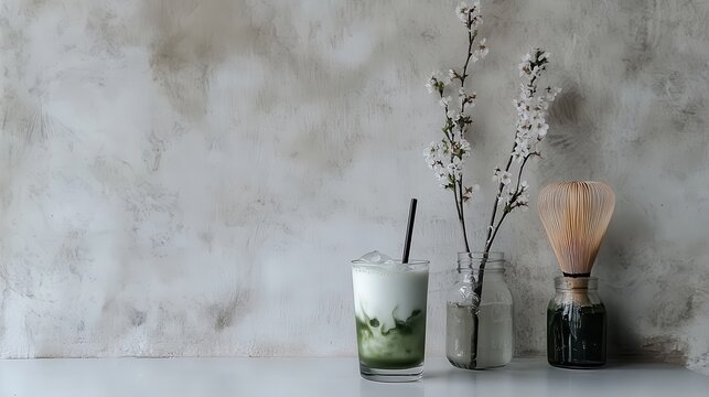 A refreshing glass of iced matcha latte on a minimalist white countertop, layered perfectly with green matcha and creamy milk. Beside it lies a bamboo whisk, a jar of matcha powder, and a vase 