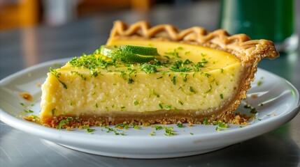 Slice of rich key lime pie with a buttery crust, garnished with fresh lime zest and slices, served on a white plate with a textured filling and vibrant colors