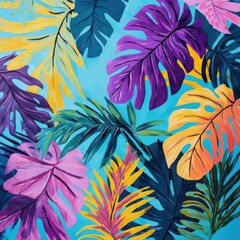 Fototapeta premium Hojas tropicales coloridas en fondo azul