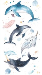 Naklejka premium Ilustración de ballenas y delfines en acuarela