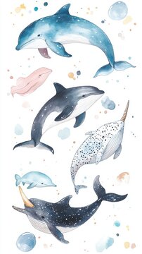 Ilustraci&oacute;n de ballenas y delfines en acuarela