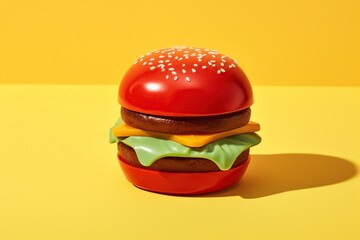 Realistic plastic 3D red burger on yellow background.