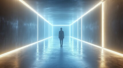Futuristic Corridor. Silhouette man walking futuristic glowing corrido