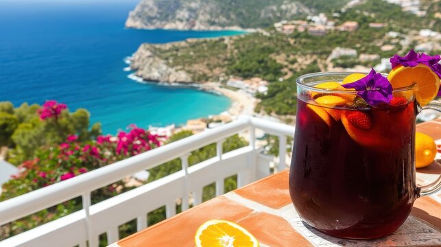 A rustic jug of sangria surrounded by a spread of fresh fruit, including oranges, lemons, and strawberries. The scene is set on a Mediterranean terrace with terracotta tiles, vibrant flowers, 