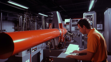 Engineering professional analyzes data on a large orange tube in a laboratory environment during a research project