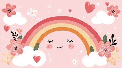 Cute kid scribble doodle of flowers, hearts, clouds, and a vibrant rainbow background, hand-drawn childish style, seamless vector illustration, whimsical concept