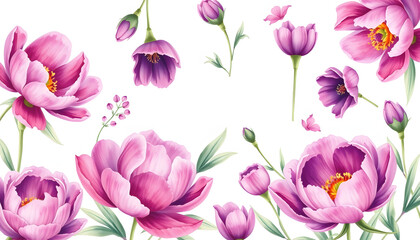 Fototapeta premium Set of purple peony flower Watercolor, spring collection of hand drawn flowers , Botanical plant illustration , elegant watercolor ,transparent background, PNG, Side lit, with white tones