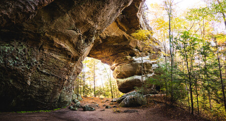 Panoramic view of Twin Arches at sunrise in Big South Fork National River and Recreation Area, Tennessee