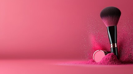 Pink blush powder explosion with makeup brush.