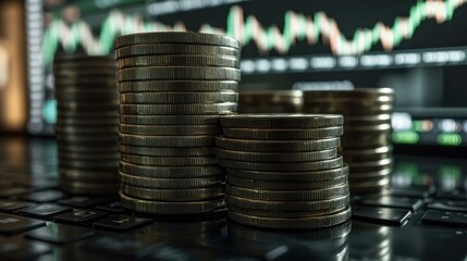 Coin Investment. Stacks of coins on laptop keyboard with stock market