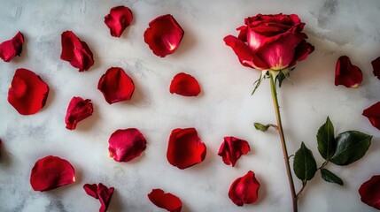 Imagen de una rosa roja y pétalos esparcidos