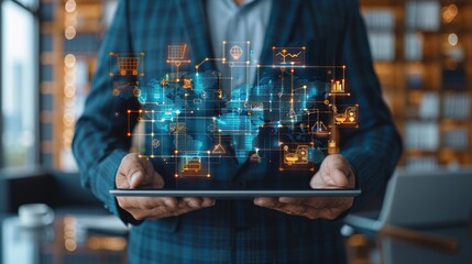 Businessman holding tablet displaying global supply chain network.