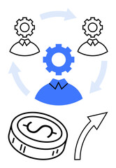 Three humanoid figures with gears for heads connected by arrows, indicating collaboration. Coin with upward arrow suggesting financial growth. Ideal for teamwork, business, finance, strategy
