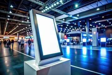 Empty futuristic kiosk display; a stark white rectangle in the bustling conference's nocturnal glow.