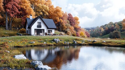 Fototapeta premium Autumnal house by lake, colorful foliage.
