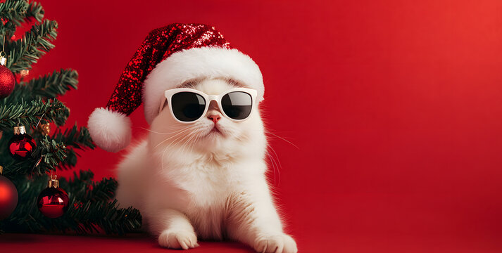 a cat with a santa hat and christmas vibes