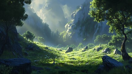 Soft sunlight filtering through the mist in the alpine mountains, highlighting the intricate details of the rocky landscape and lush green meadows