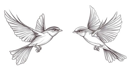 A pair of birds flying together, their wings spread wide, in minimal line art on a white background