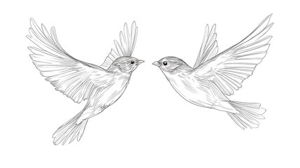 Obraz premium A pair of birds flying together, their wings spread wide, in minimal line art on a white background