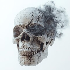 3D aged skull emitting a dark, swirling mist. Detailed cracks and textures.   clean lines isolated on white background