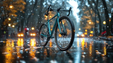 Urban Bicycle. Blue road bicycle with rain reflections on wet asphalt