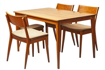 Wooden dining table with four chairs, light brown finish, mid-century modern style.