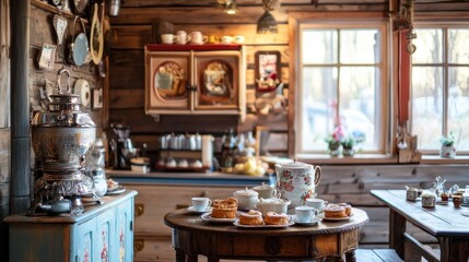 A traditional Russian samovar on a table with teacups and small plates of pastries, set in a rustic kitchen with wooden walls and vintage d&eacute;cor. 