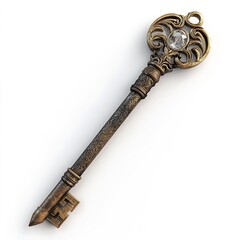 3D antique key with intricate runic engravings along the shaft and a glowing crystal embedded in the handle. Metallic texture   clean lines isolated on white background