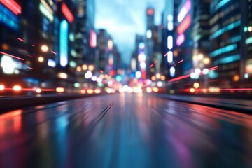 Blurred cityscape at night with vibrant lights and reflections.
