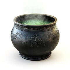 3D black iron cauldron with a bubbling greenish-blue brew inside, emitting a faint, mystical vapor.   clean lines isolated on white background