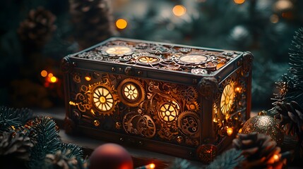 Steampunk Christmas gift box with clockwork gears and warm lights softly illuminating, a blend of Victorian machinery and festive joy. steampunk holiday, mechanical gift