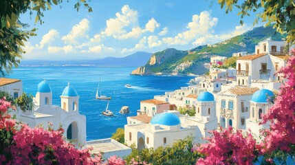 Paisaje costero con casas blancas y azules