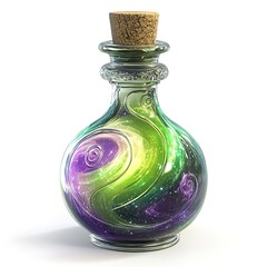 3D glass potion bottle filled with a sparkling, swirling liquid in shades of neon green and purple.   clean lines isolated on white background