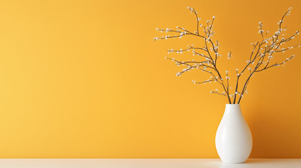 Elegant white vase with blooming branches against a vibrant yellow wall in contemporary interior decor